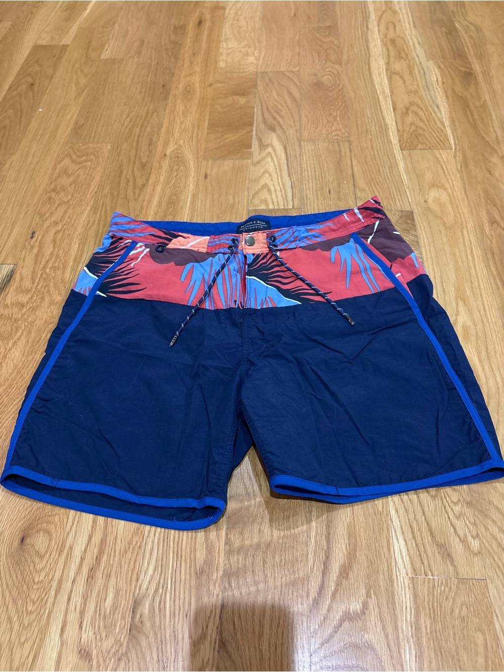 Scotch & Soda Navy Swim Trunks with Coral Tropical Waistband